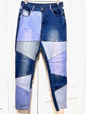 Jeans-Women's Patchwork Skinny Ankle Stretch Jeans-Size Large-Comfy-Blue Mix